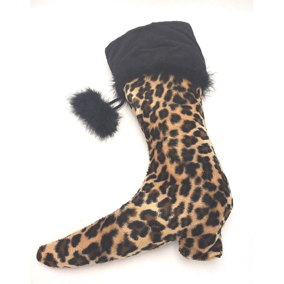 Christmas Stocking Leopard Cheetah Print Ladies Boot Shaped Black Brown Gold 17" - Picture 1 of 7